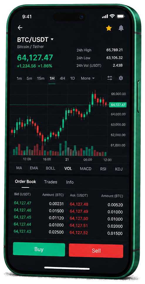 Application mobile Saine Kapitvère — graphique BTC/USDT en direct, carnet d’ordres et outils de trading